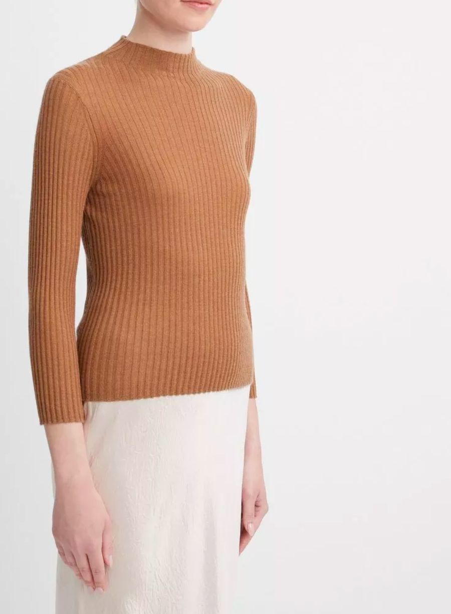 Ribbed Cashmere-Silk Mock Neck Sweater - Heather Beach