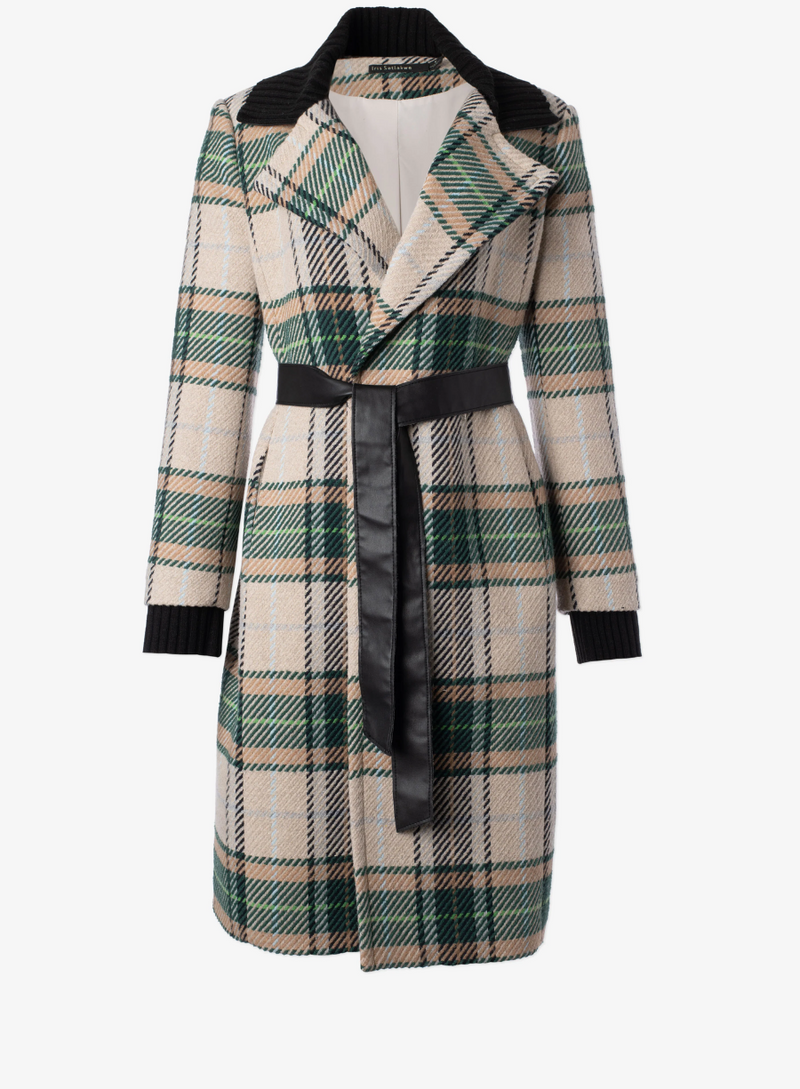 Long Plaid Coat with Rib Collar and Belt