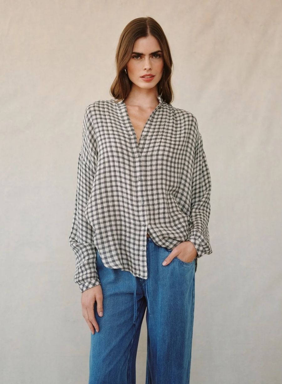 Shirred Mandarin Collar Shirt