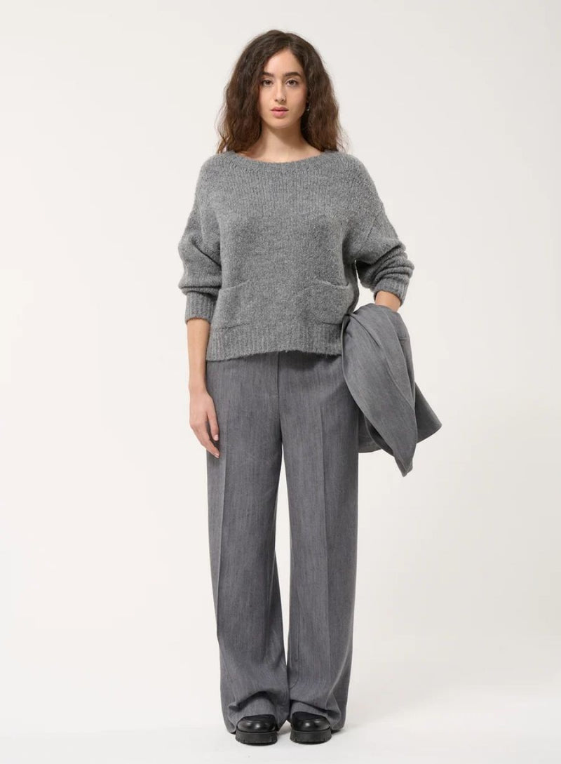 Grey Boucle Knit Sweater with Pockets