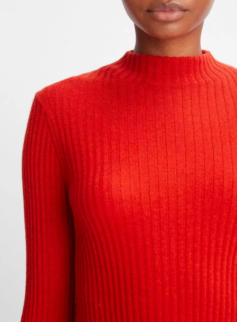 Ribbed Cashmere-Silk Mock Neck Sweater - Vermillion