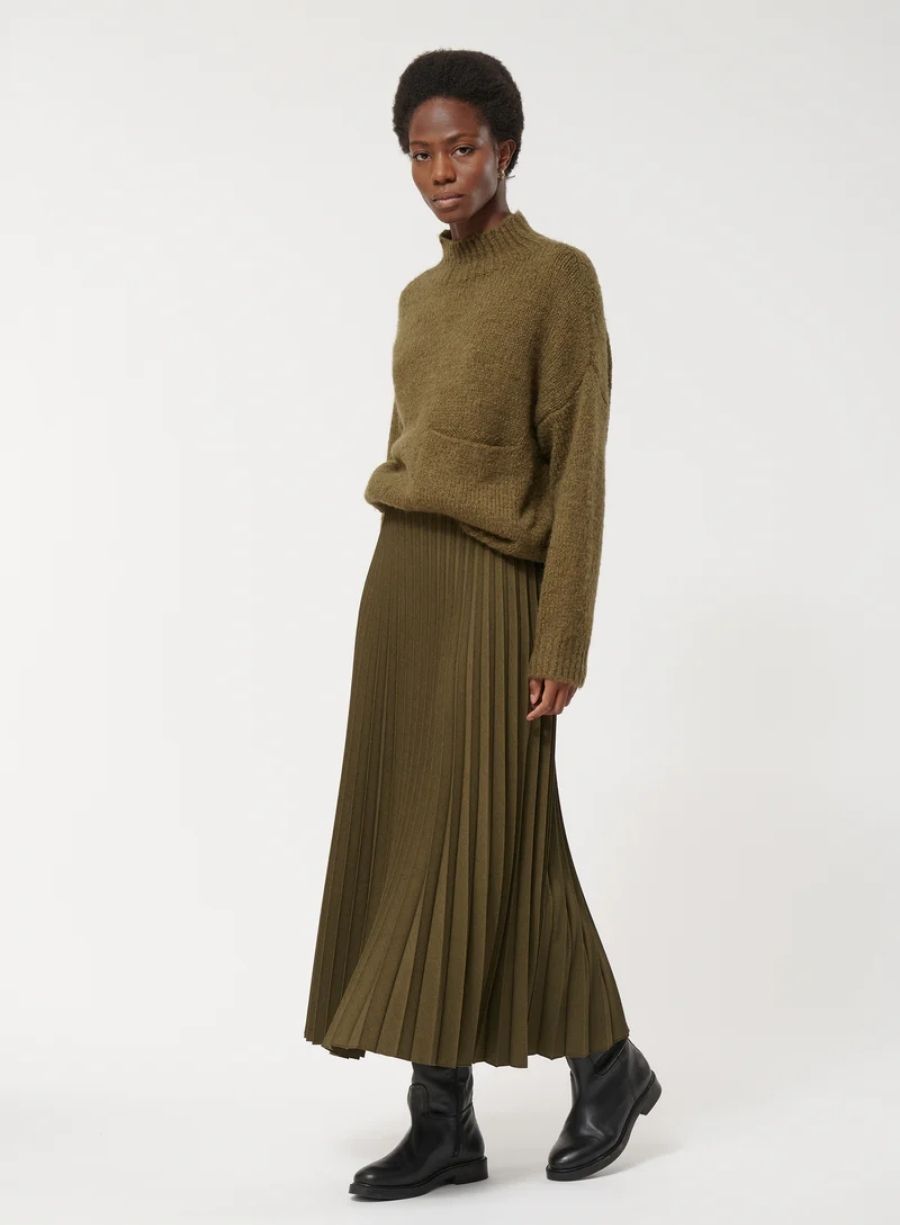 Khaki Pleated Midi Skirt