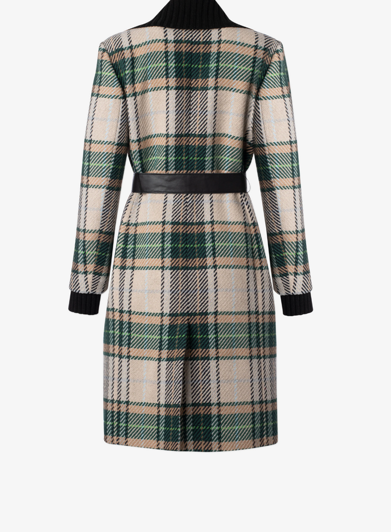 Long Plaid Coat with Rib Collar and Belt