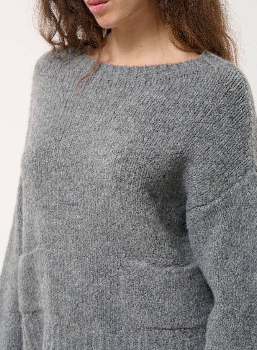 Grey Boucle Knit Sweater with Pockets