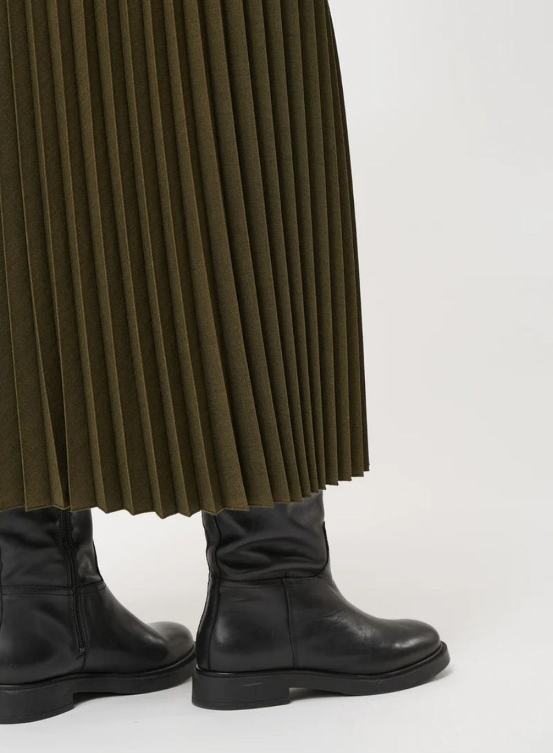 Khaki Pleated Midi Skirt