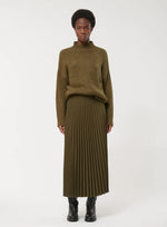 Khaki Pleated Midi Skirt