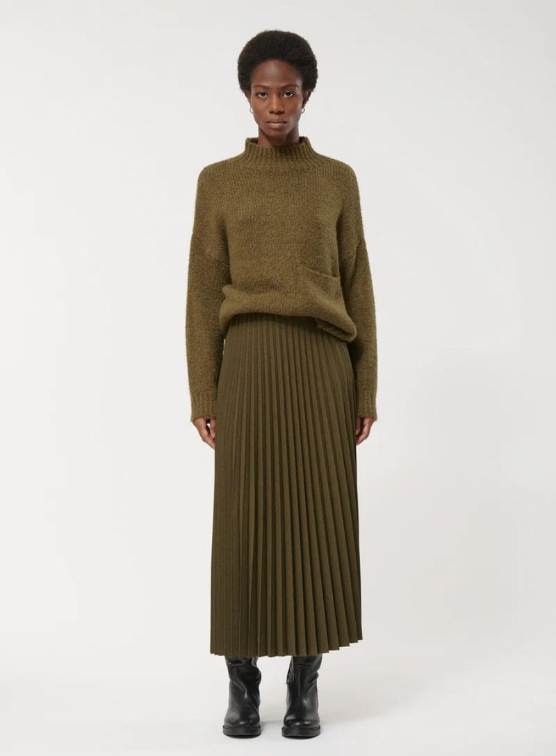 Khaki Pleated Midi Skirt